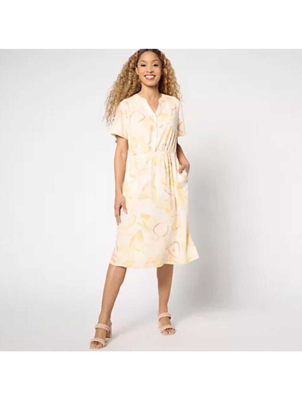 Denim & Co. Naturals Women Dress PL Petite Printed Short Sleeve Yellow A643827